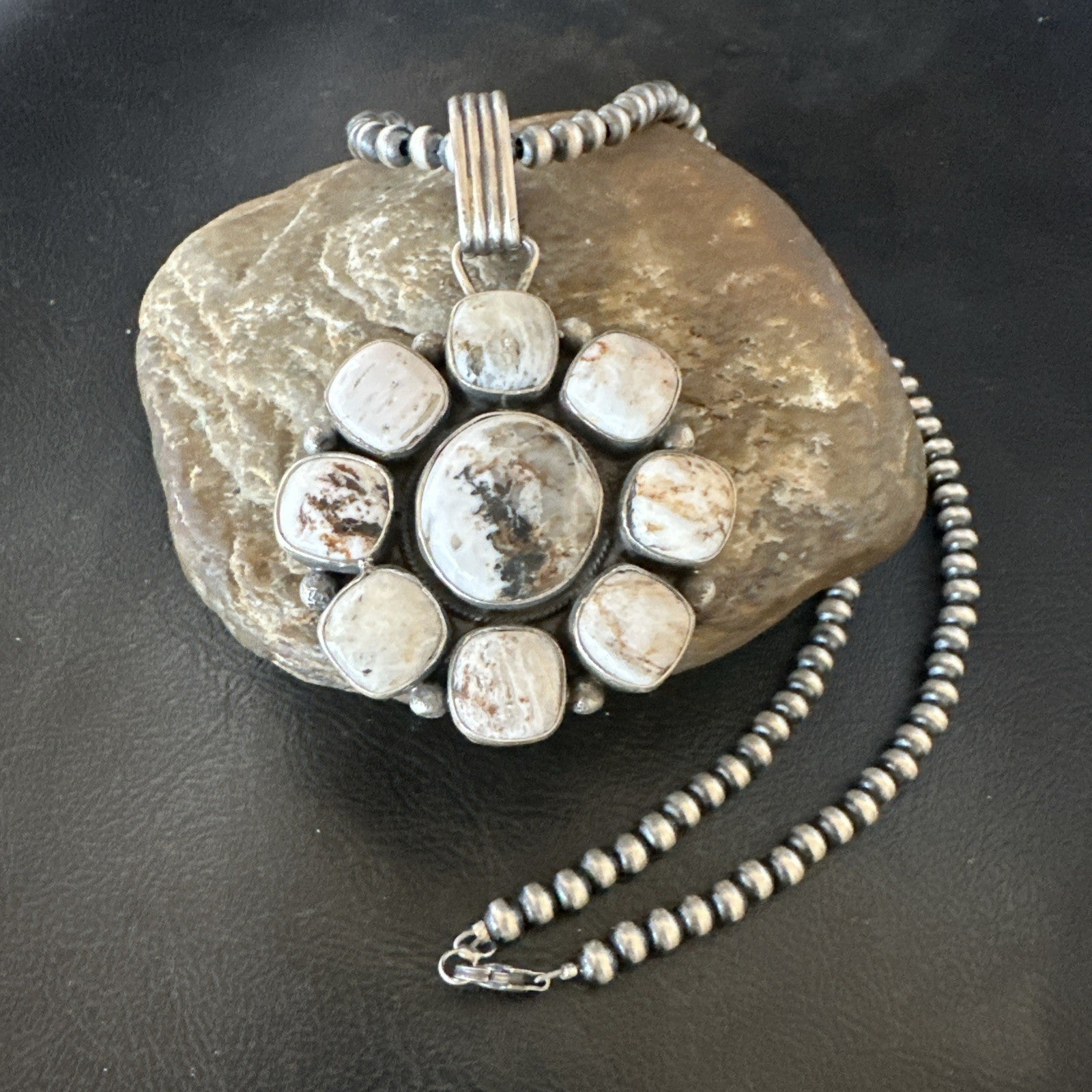 White Buffalo Turquoise Cluster Pendant Navajo Sterling Silver Necklace 19271