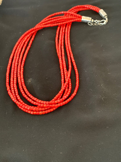 Bamboo Coral Bead Navajo Indian Sterling Silver Necklace 2851