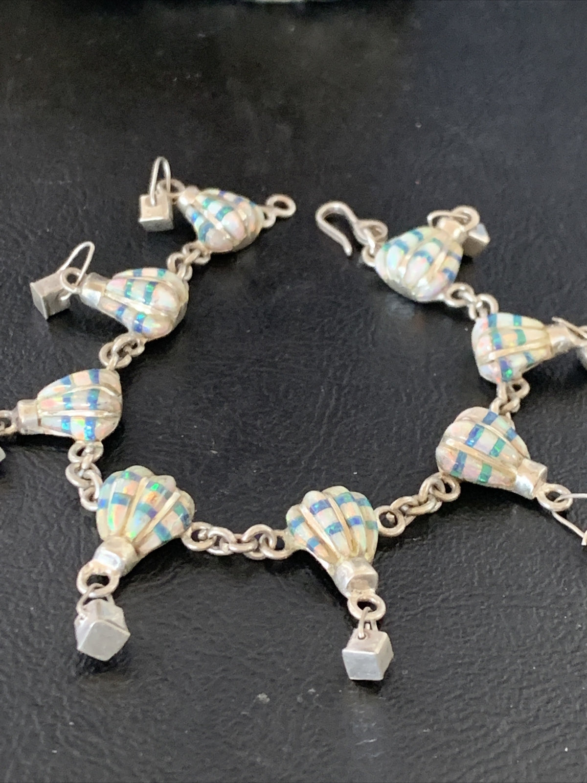 White Blue Opal Balloon Navajo Sterling Silver Link Inlay Bracelet 7.5" 12922