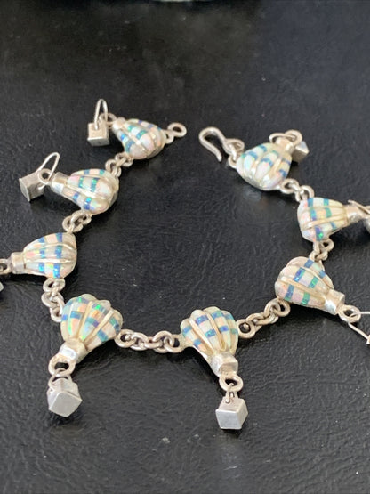 White Blue Opal Balloon Navajo Sterling Silver Link Inlay Bracelet 7.5" 12922