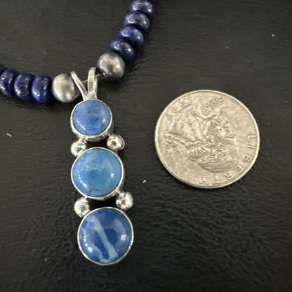 Handmade Blue Lapis Cluster Pendant NavajoSterling Silver Necklace 2" 19655