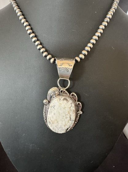 White Buffalo Turquoise Pendant Navajo Pearls Sterling Silver Necklace 19377