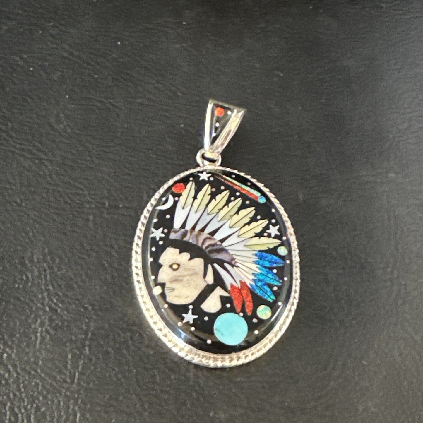 Turquoise Navajo Sterling Silver IndianHead MultiColor Inlay Pin Pendant 15156