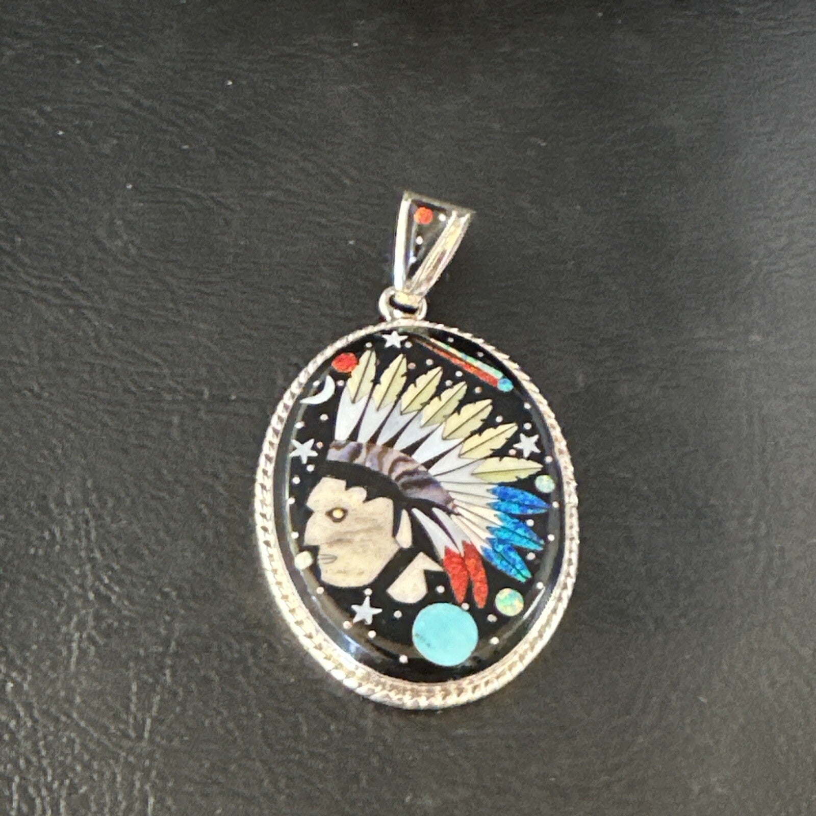 Turquoise Navajo Sterling Silver IndianHead MultiColor Inlay Pin Pendant 15156