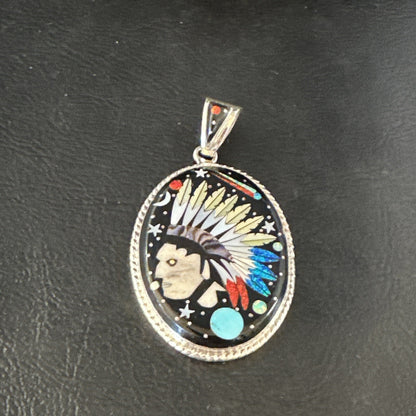 Turquoise Navajo Sterling Silver IndianHead MultiColor Inlay Pin Pendant 15156