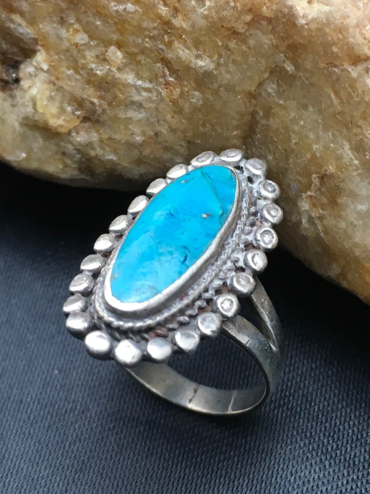 Blue Turquoise Navajo Sterling Silver Old Pawn Children’s Ring Size 3.75 04410