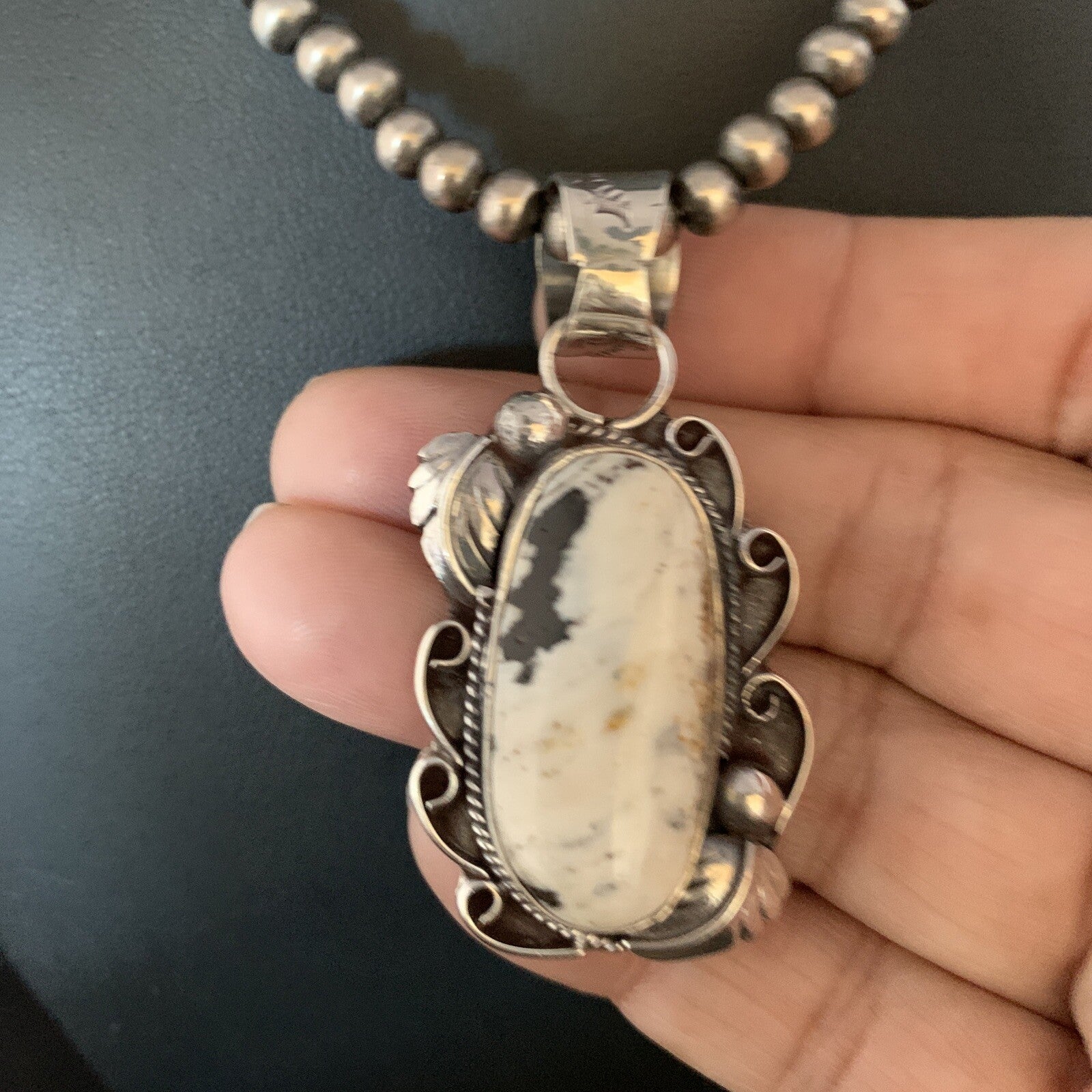 Mens Sterling Silver Beads White Buffalo Turquoise Necklace Pendant 20" 13666