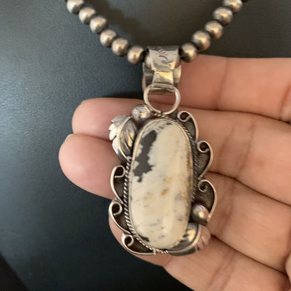 Mens Sterling Silver Beads White Buffalo Turquoise Necklace Pendant 20" 13666