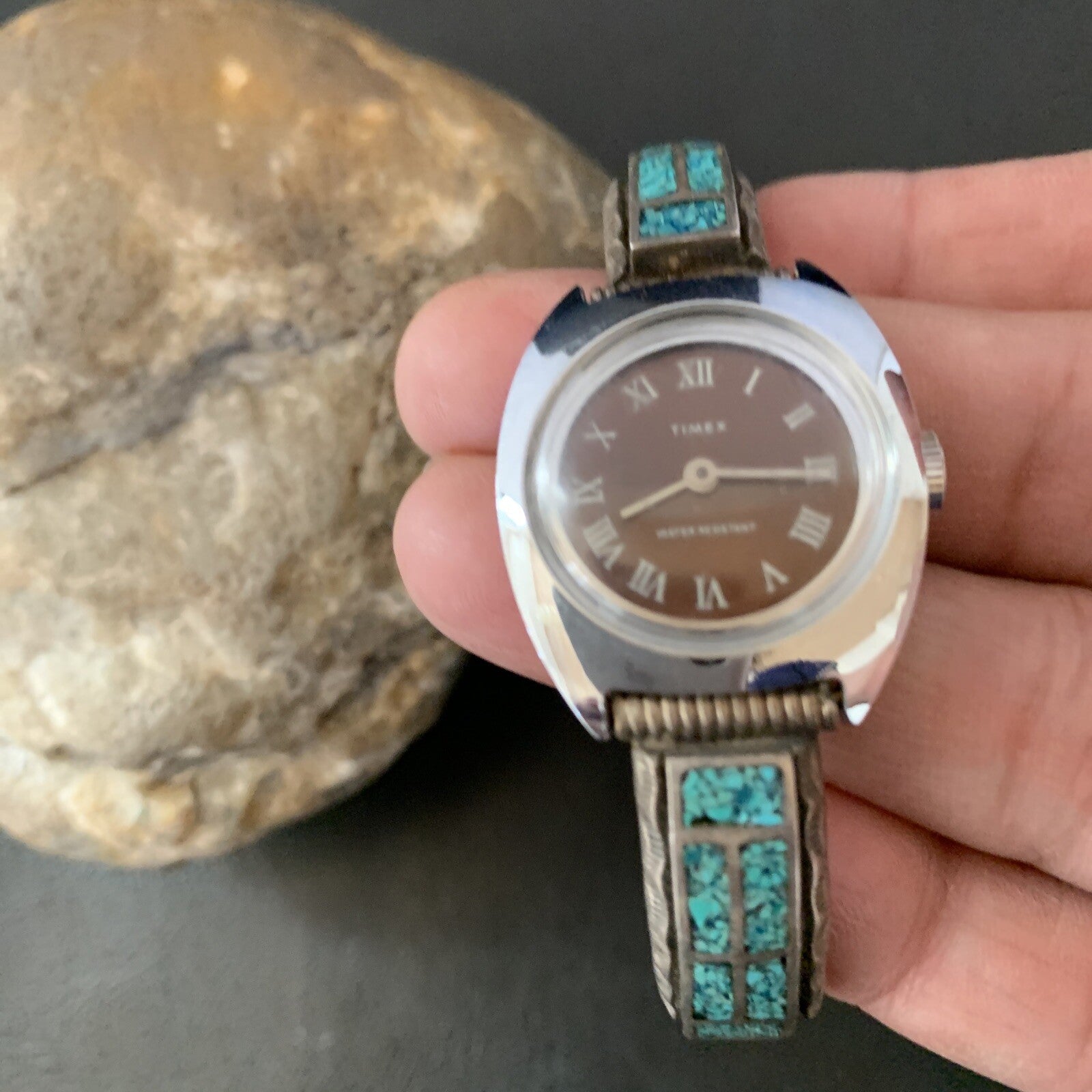 Blue Turquoise Chip Inlay Navajo Sterling Silver Old Pawn Watch Tips 1639