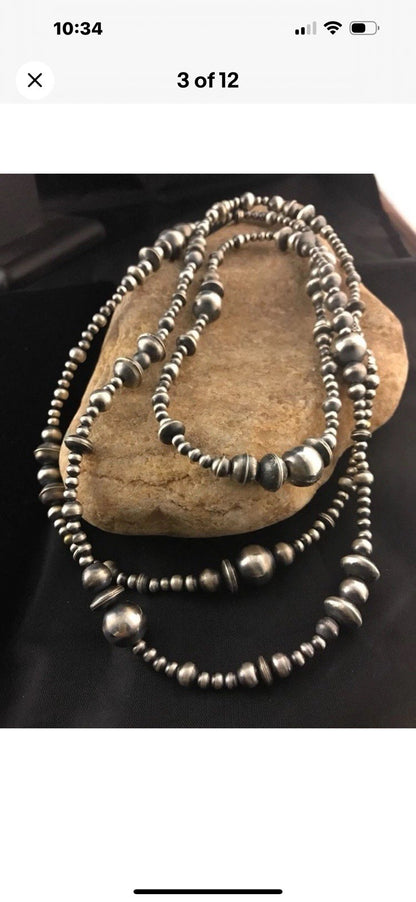 48” Long Navajo Pearls Mixed Bead Sterling Silver Necklace