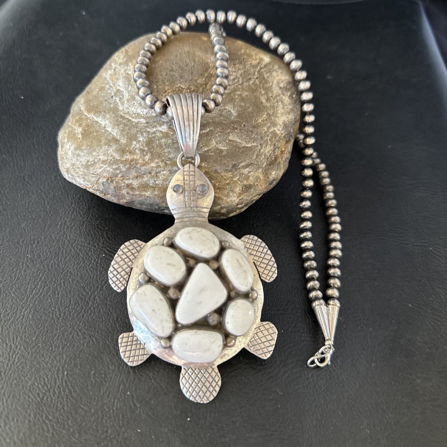 CLUSTER Turtle Navajo White Buffalo Turquoise Sterling Silver Pendant 14528