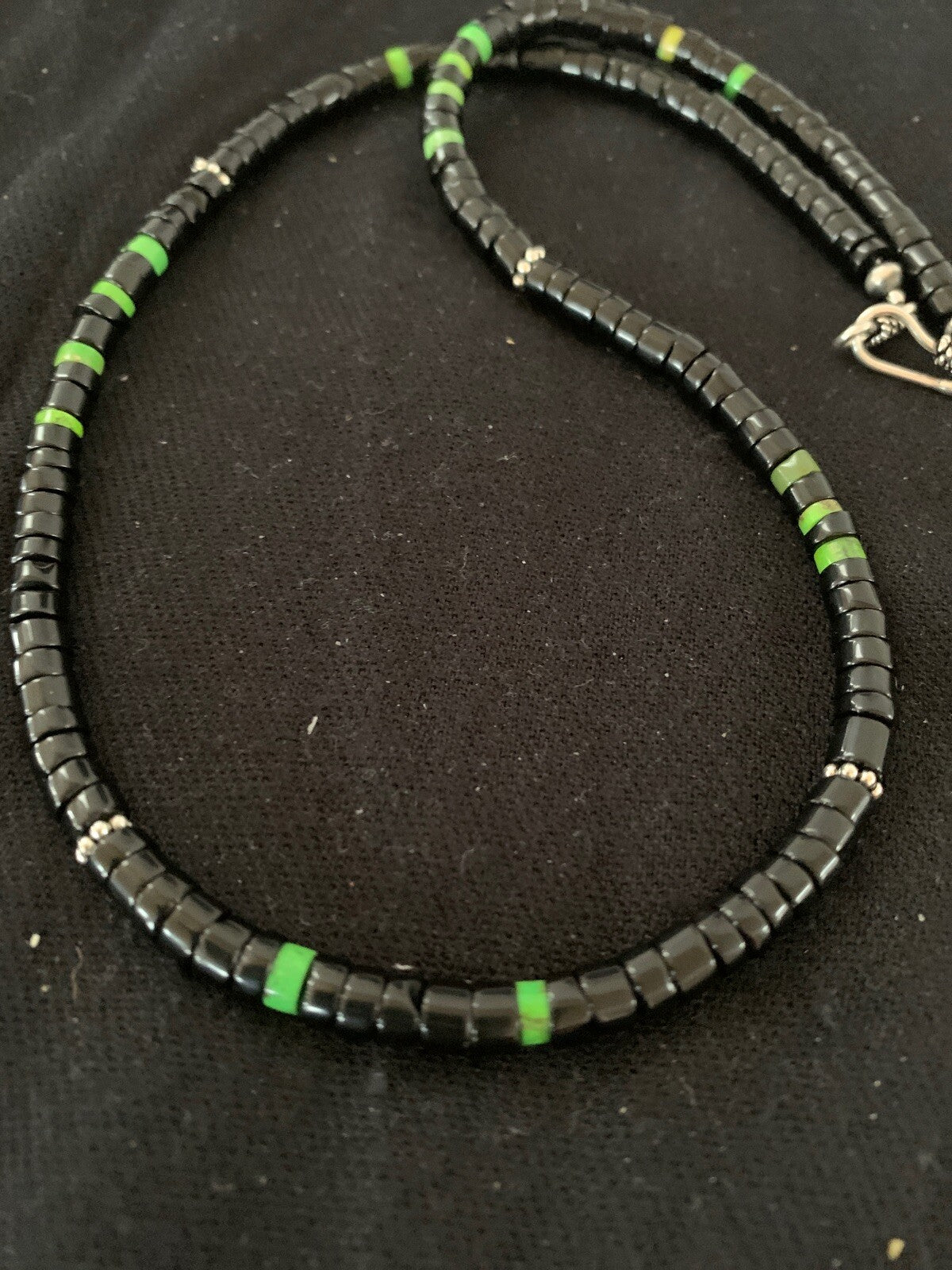 Native Green Turquoise & Onyx Heishi Navajo Sterling Silver Necklace 4687