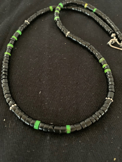 Native Green Turquoise & Onyx Heishi Navajo Sterling Silver Necklace 4687