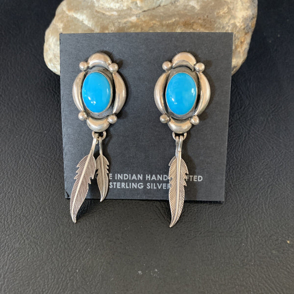 Women's Nugget Blue Turquoise Dangle Earrings 2.5" | Sterling Silver | Authentic Native American Handmade | 13018
