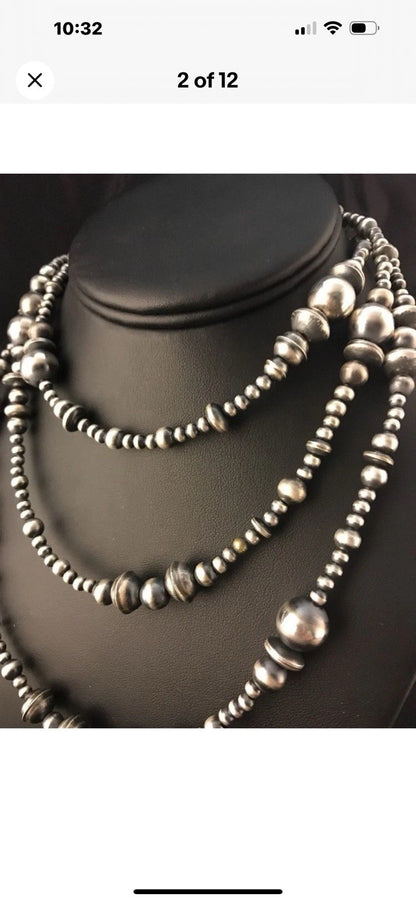 48” Long Navajo Pearls Mixed Bead Sterling Silver Necklace