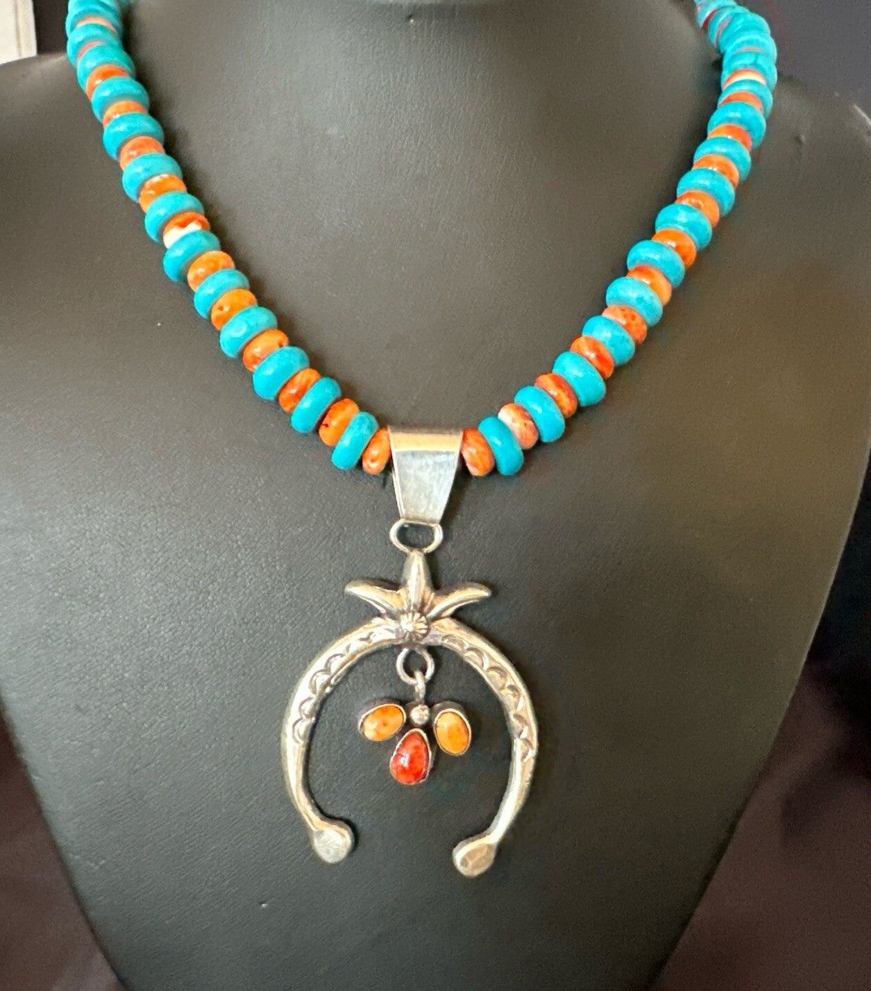 Mens Blue Turquoise Spiny Naja Pendant Navajo Sterling Silver Necklace 23" 17691