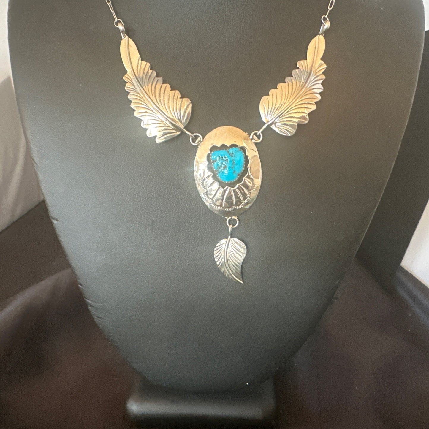 Blue Kingman Turquoise Navajo Sterling Silver Necklace Pendant 18576
