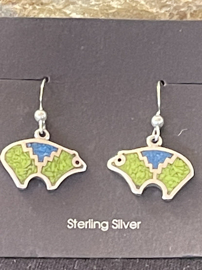 Blue Lapis & Green Turquoise Sterling Silver Bear Inlay Earrings 0.25" 01509
