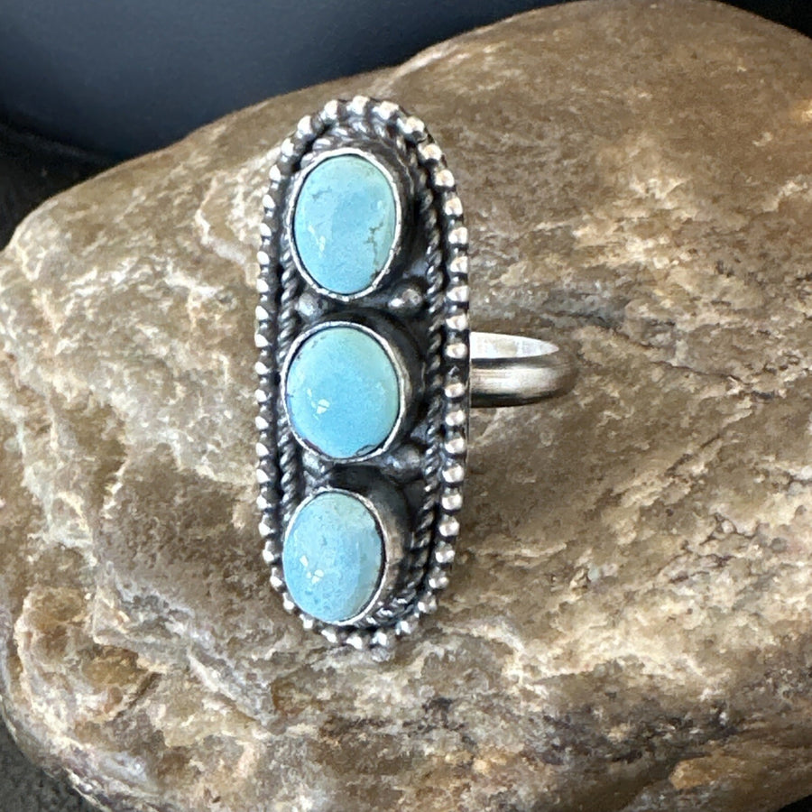 Women Blue Dry Creek Turquoise Navajo Sterling Silver Ring Sz 9 18617