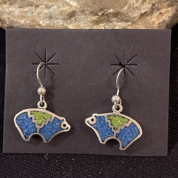 Blue Lapis Green Turquoise Bear Inlay Earrings 0.25" | Sterling Silver | Authentic Native American Handmade | 01510
