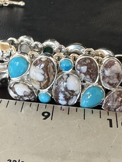 WoMen Blue Wild Horse Turquoise Sterling Silver Southwestern Link Bracelet 17973