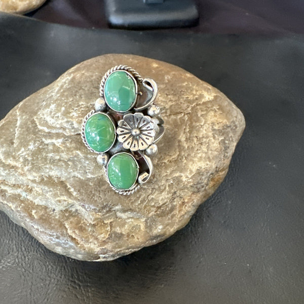 Yazzie Ring Green Turquoise Navajo Cluster Size 8.5 | Sterling Silver | Authentic Native American Handmade | 19234