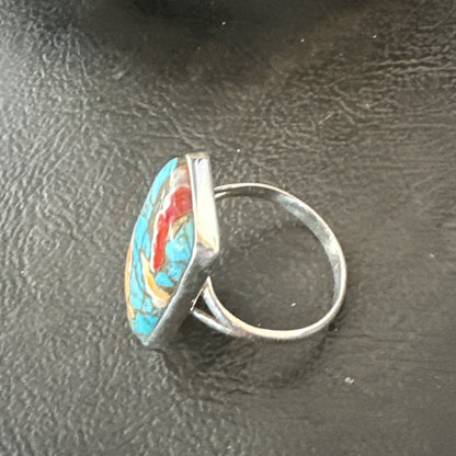 Blue Turquoise Spiny Oyster Southwestern Sterling Silver Ring Size 9 18467