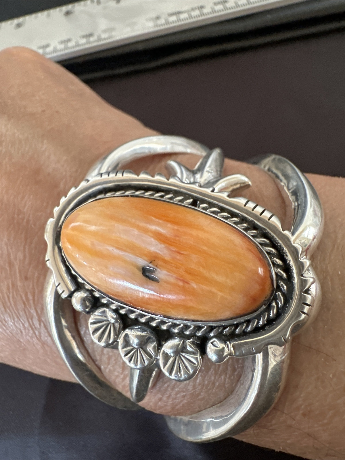 Orange Spiny Oyster Navajo Sterling Silver Cuff Bracelet 17703