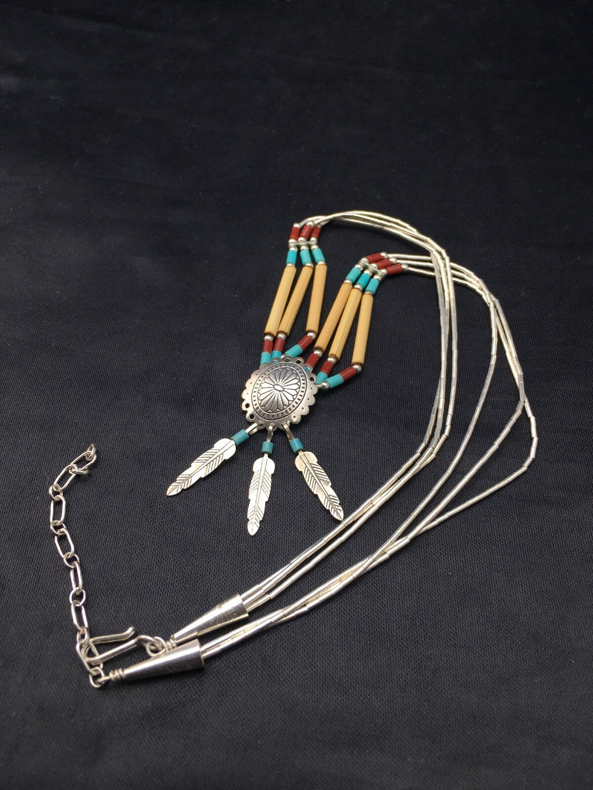 Concho Heishi Tubes 3 Strand Liquid Sterling Silver Navajo Necklace 4373