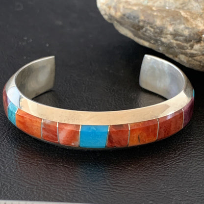 Mens Red Spiny & Turquoise Navajo Sterling Silver Inlay Bracelet 1647