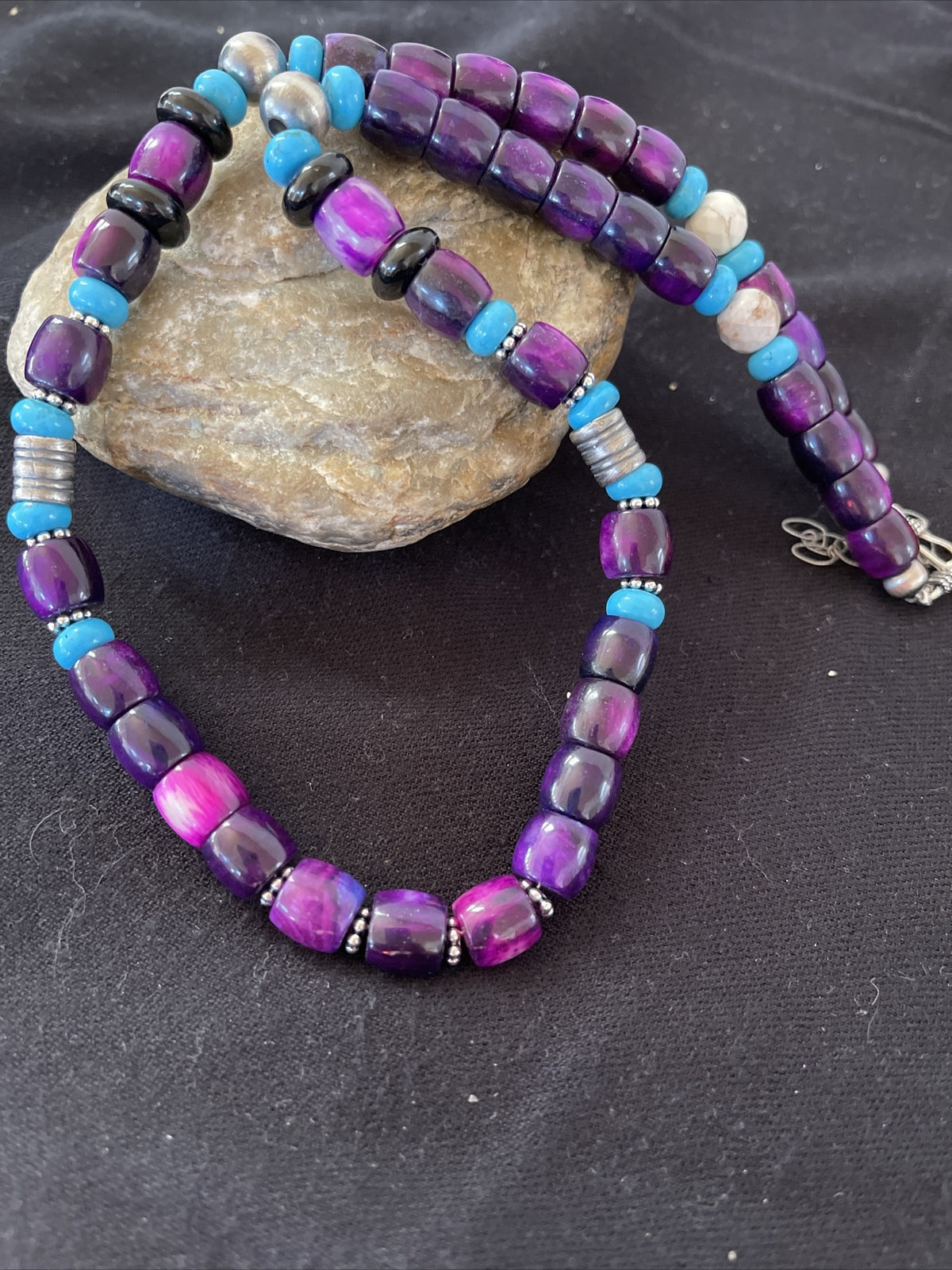 Purple Stone & Turquoise Indian Navajo Pearls Sterling Silver Necklace 01054