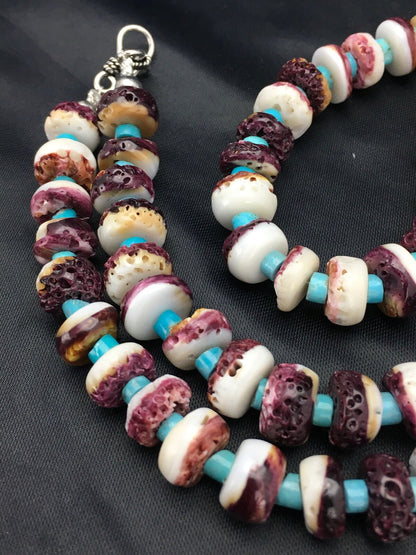 Purple Spiny Oyster & Turquoise Navajo Sterling Silver Bead Necklace 02617