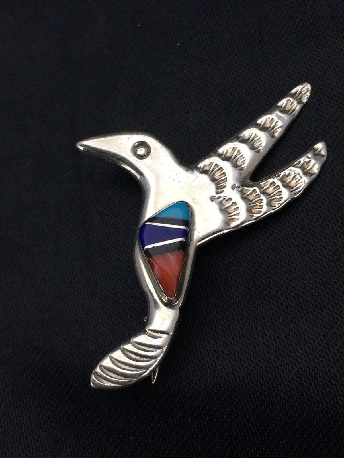 Turquoise Lapis & Coral Hummingbird Inlay Pin Navajo Sterling Silver 02900
