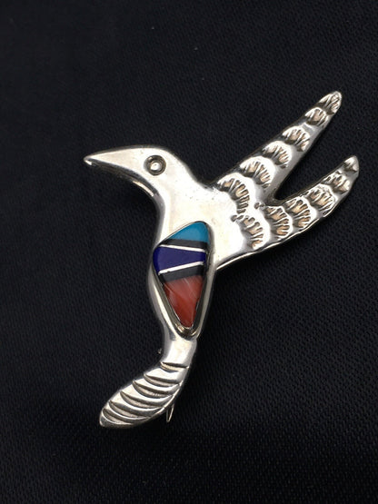 Turquoise Lapis & Coral Hummingbird Inlay Pin Navajo Sterling Silver 02900
