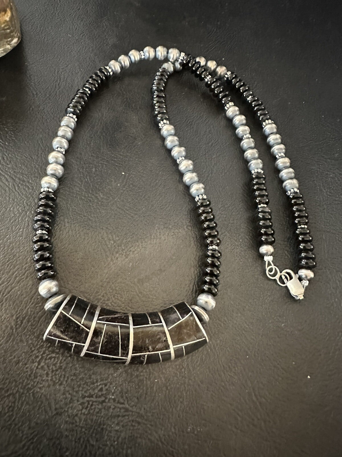 Mens Womens Black Onyx Pendant Navajo Sterling Silver Beads Necklace 18330