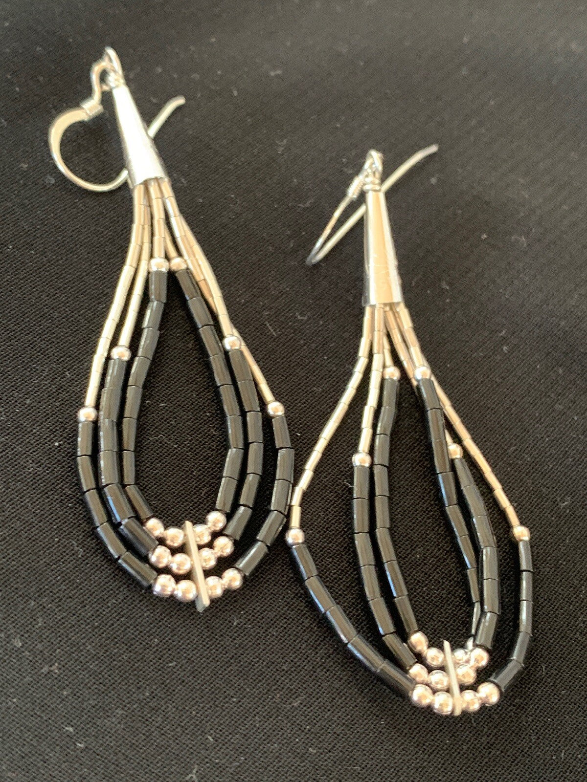 Handmade Native  Sterling Silver Heishi Black Onyx Dangle Earrings 2" 10054