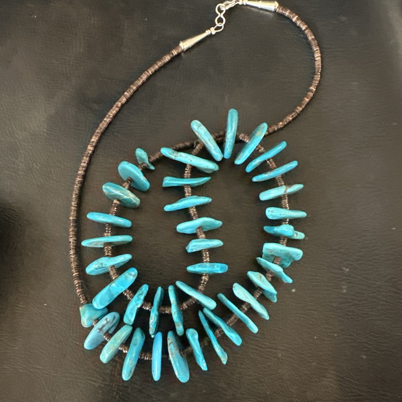 Navajo Kingman Turquoise Shell Heishi Sterling Silver Bead 24” Necklace 19633