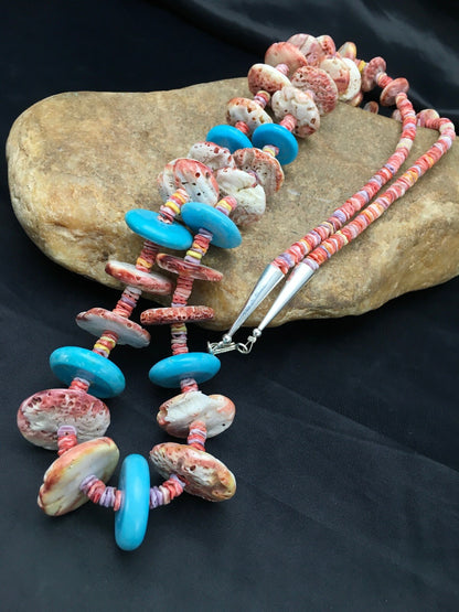 Spiny Oyster & Turquoise Navajo Indian Sterling Silver Necklace 02910