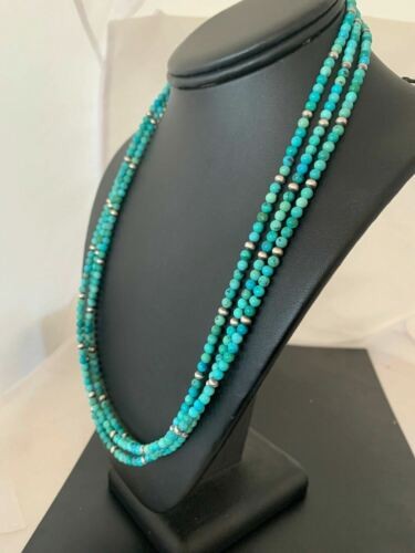 Navajo Blue Turquoise 4mm Bead 3 Strand Necklace Sterling Silver 4827