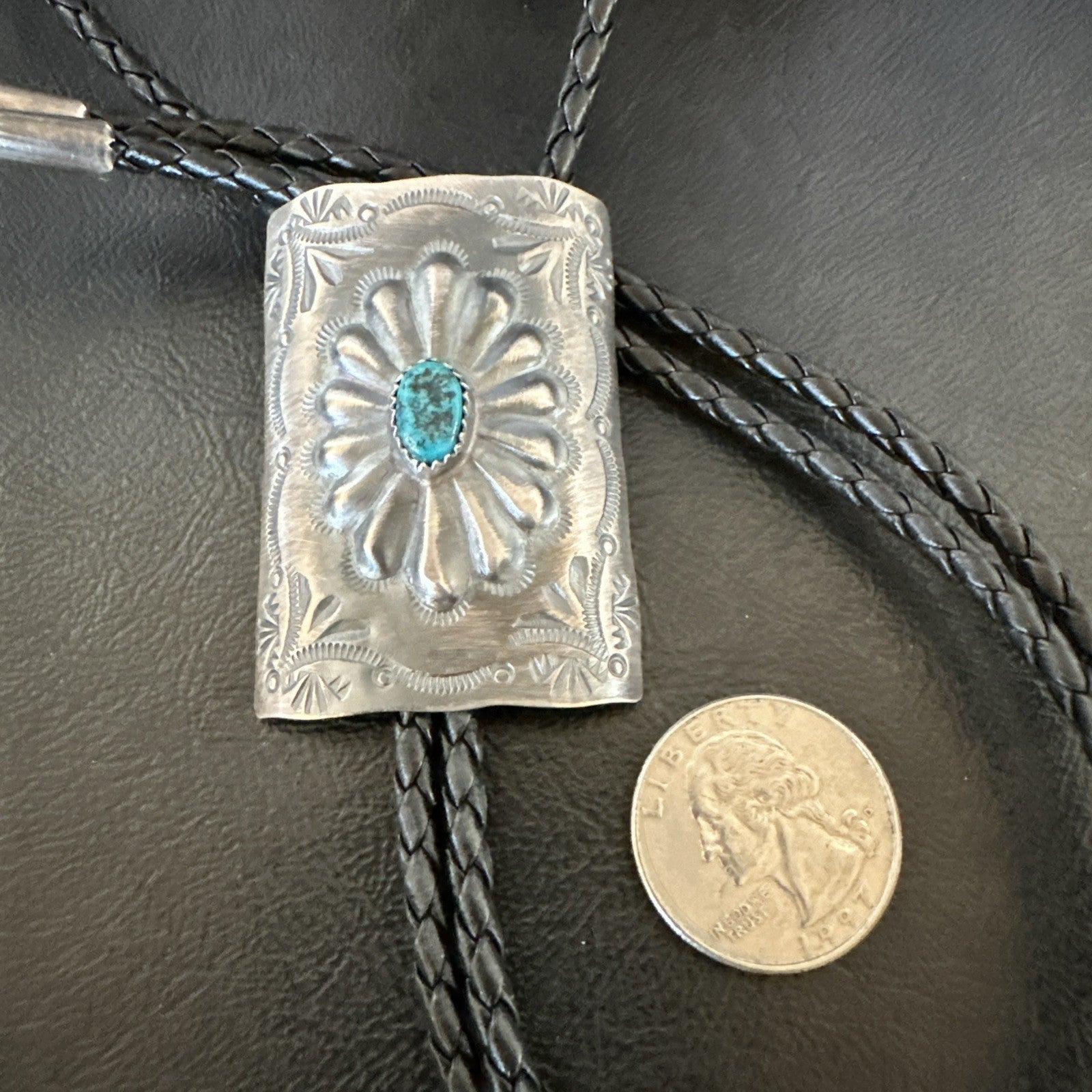 Mens Stamped Bolo Tie Blue Kingman Turquoise Navajo Sterling Silver 2” 19301