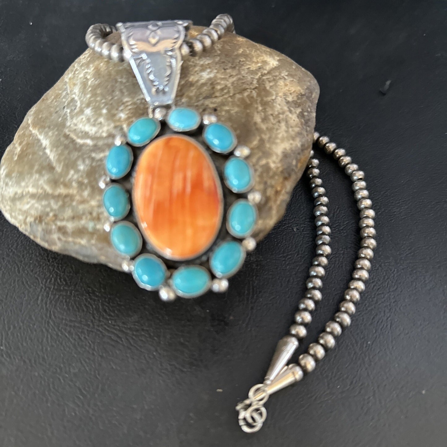 Blue Cluster Kingman Turquoise Sterling Orange Spiny Oyster Pendant 14354