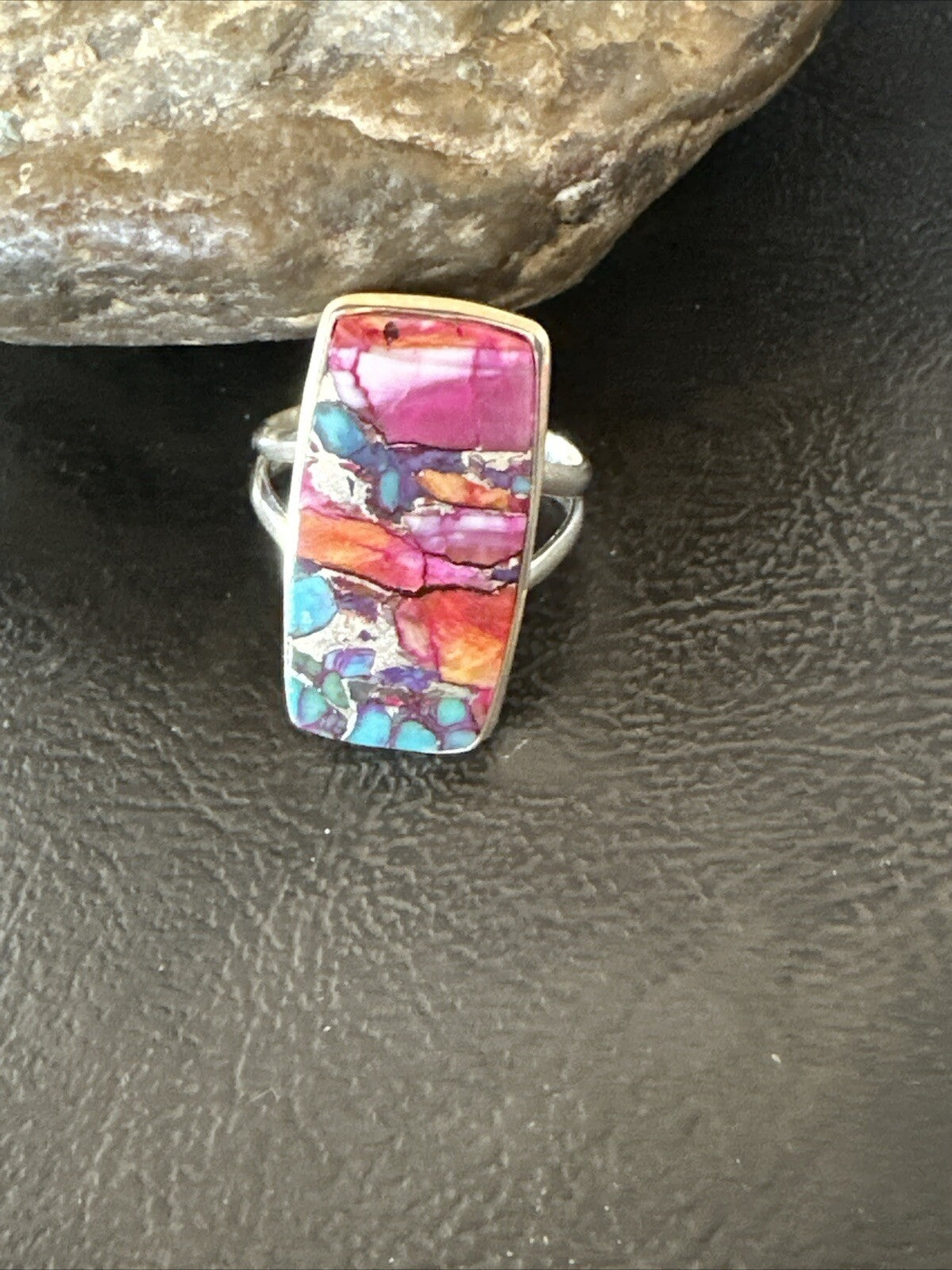 Blue Turquoise Spiny Oyster Southwestern Sterling Silver Ring Size 9 18466