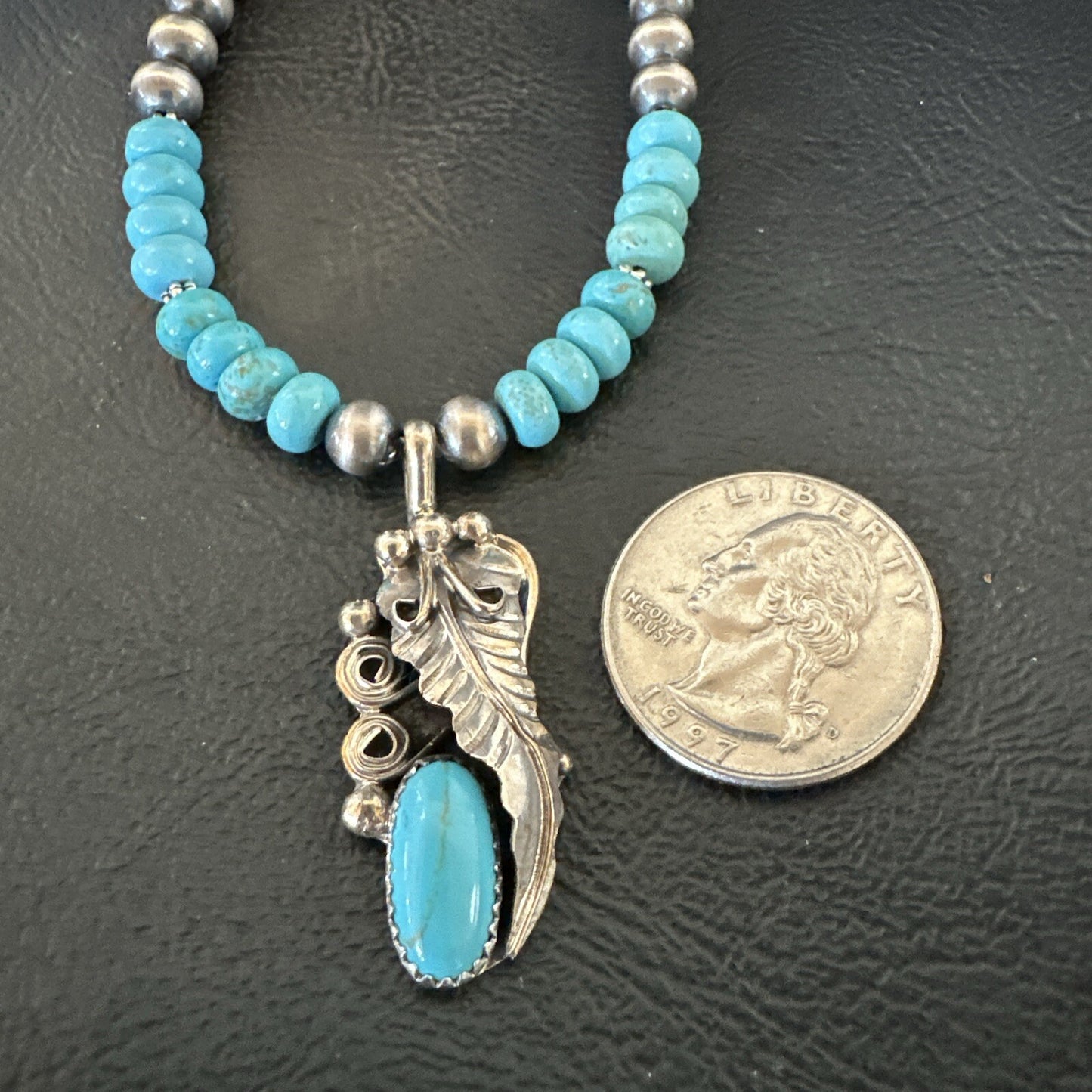Mens Feather Turquoise Pendant Navajo Sterling Silver Necklace 18061
