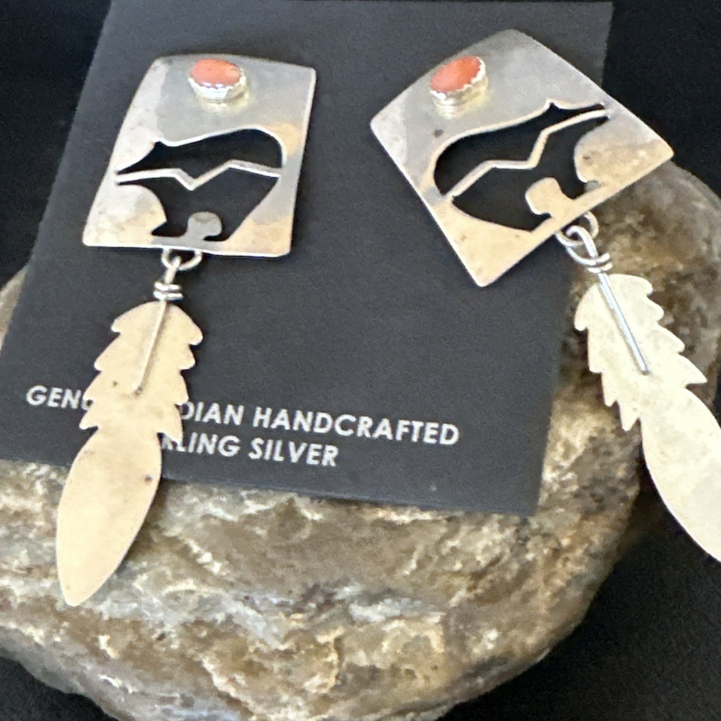 Old Pawn Pink Coral Navajo Sterling Silver Dangle Bear Feather Earrings 2” 19084