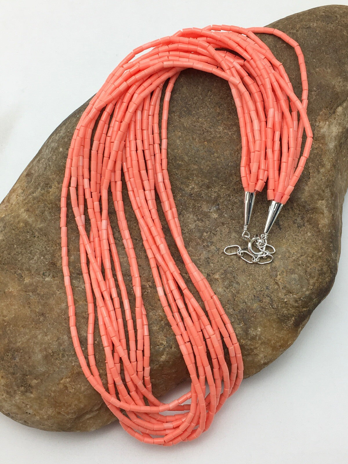 Native American Pink Coral Navajo Sterling Silver Necklace 10 Strand 4388