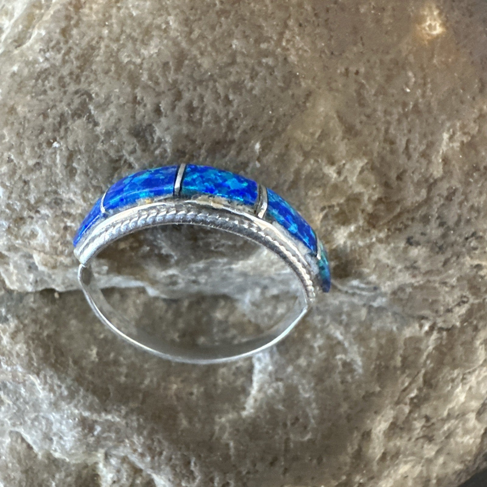 Blue Opal Navajo Sterling Silver Band Inlay Ring Size 7.5 19724