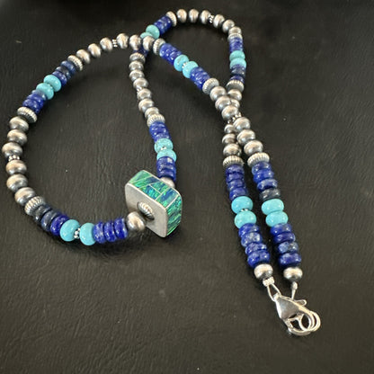 Mens Blue Turquoise Lapis Opal Pendant Navajo Sterling Silver Necklace 20" 17897