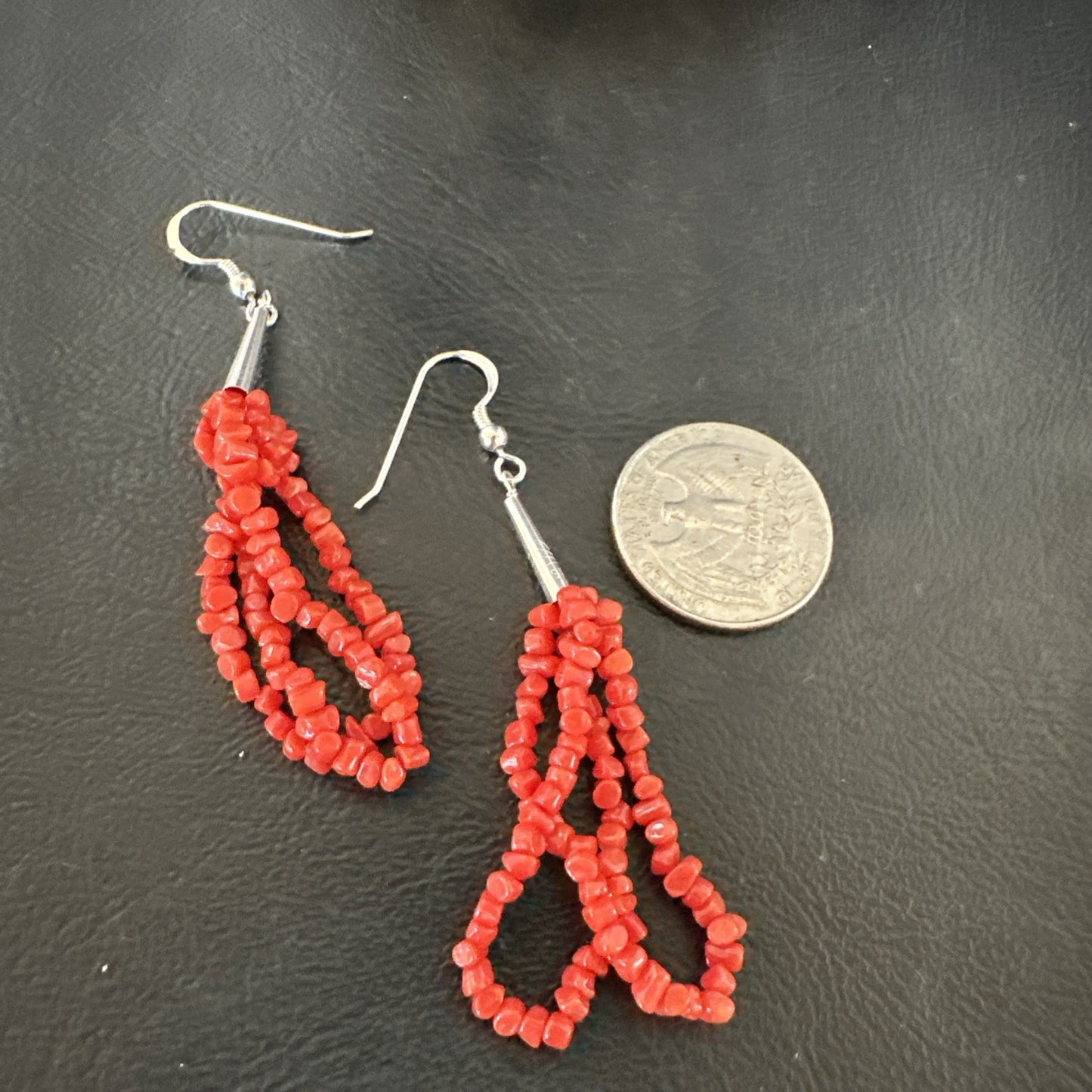 Native Red Real Coral Nugget Sterling Silver Dangle 2 Strand Earrings 2" 19347