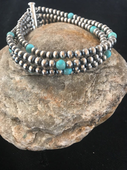 Native American Sterling Silver Beads Blue Turquoise Bracelet 4 Strand