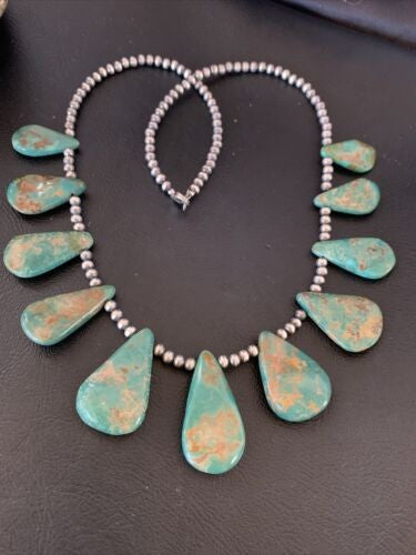 Navajo Pearls Royston Turquoise Teardrop Necklace Sterling Silver 12003
